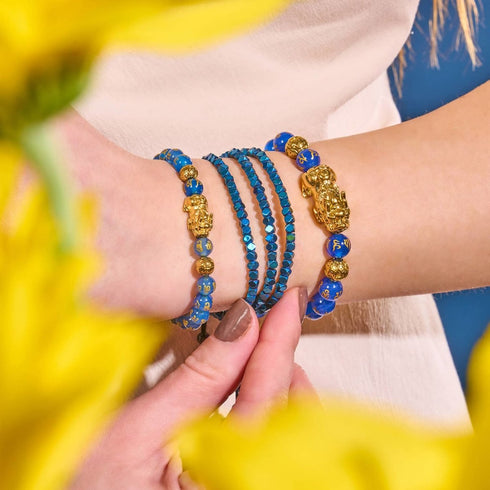 Pixiu Feng Shui Bracelet | WATER Element | Blue Agate x 18k Gold